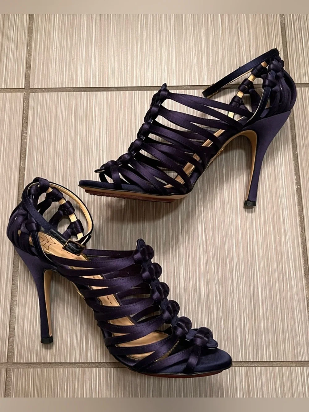 Charlotte Olympia navy web collection stiletto satin braided heels shoes 8 - Picture 6 of 7